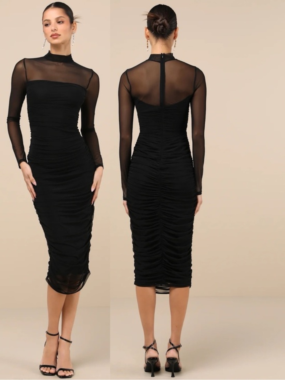 NWT Lulu’s Impressive Flirt Black Mesh Ruched Mock Neck Midi Dress XL Romantic